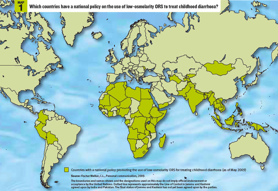 Map 1 - Which countries have a national policy on the use of low-osmolarity ORS to treat childhood diarrhoea?