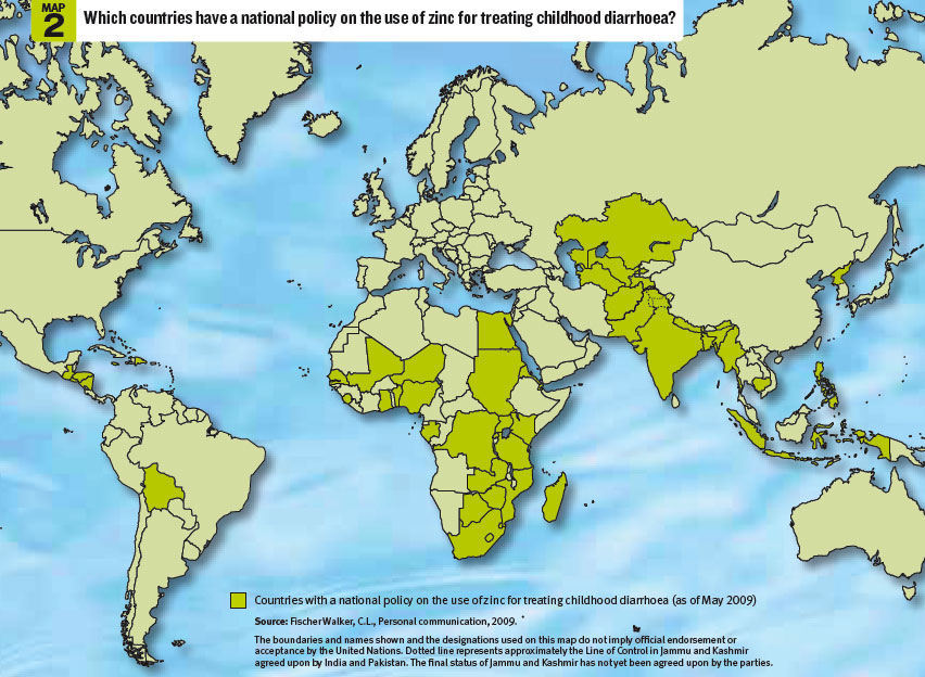 Map 2 - Which countries have a national policy on the use of zinc for treating childhood diarrhoea?